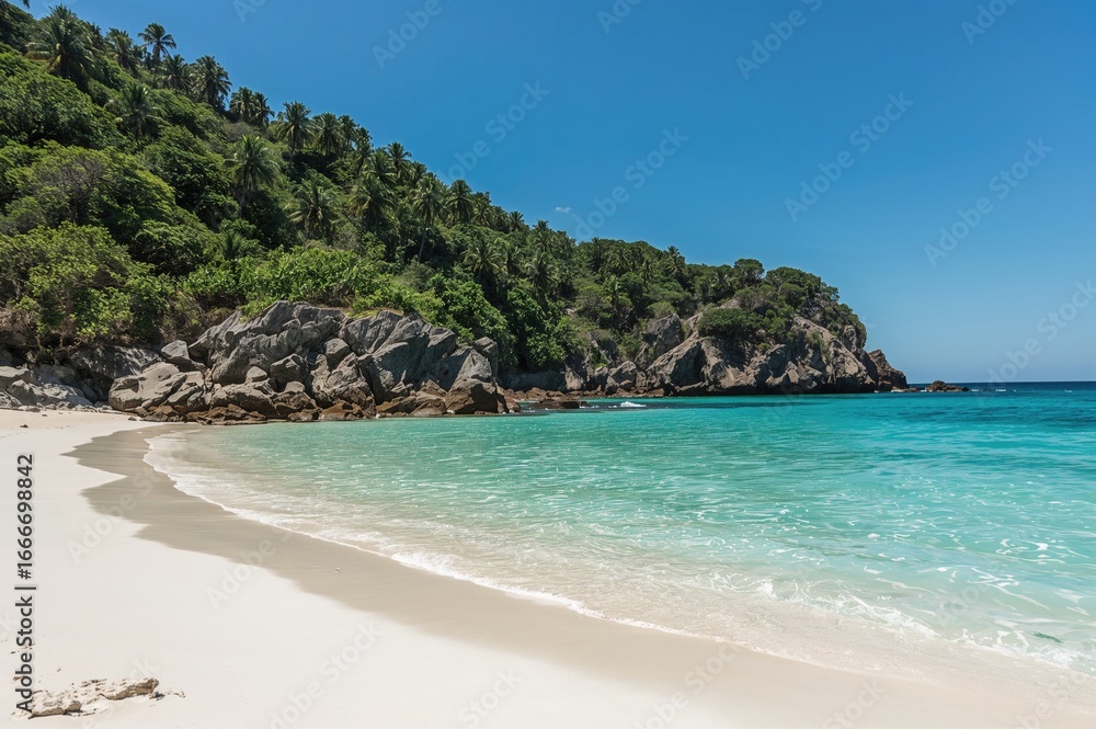 Fototapeta premium A tranquil shoreline featuring transparent waters, verdant rocky outcrops, and pristine white sands in a tropical setting.