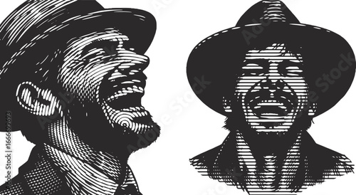 A laughing man in a hat closed eyes bundle lined monochrome engraving vintage portrait black white illustration art design