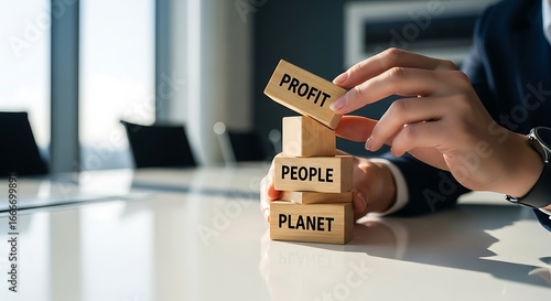Building 'Profit, People, Planet' for sustainable business. Hand stacks blocks, symbolizing triple bottom line and corporate social responsibility