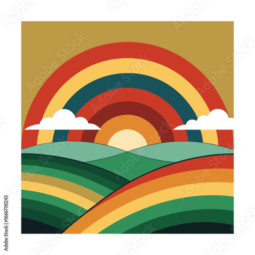 Retro Landscape With Rainbow Over Hills And Clouds