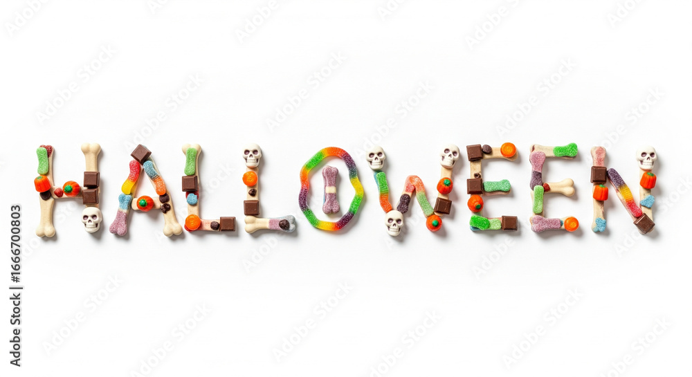 Fototapeta premium Whimsical arrangement of colorful candies and festive treats meticulously forming a word, celebrating a popular autumn holiday with sweet edible typography