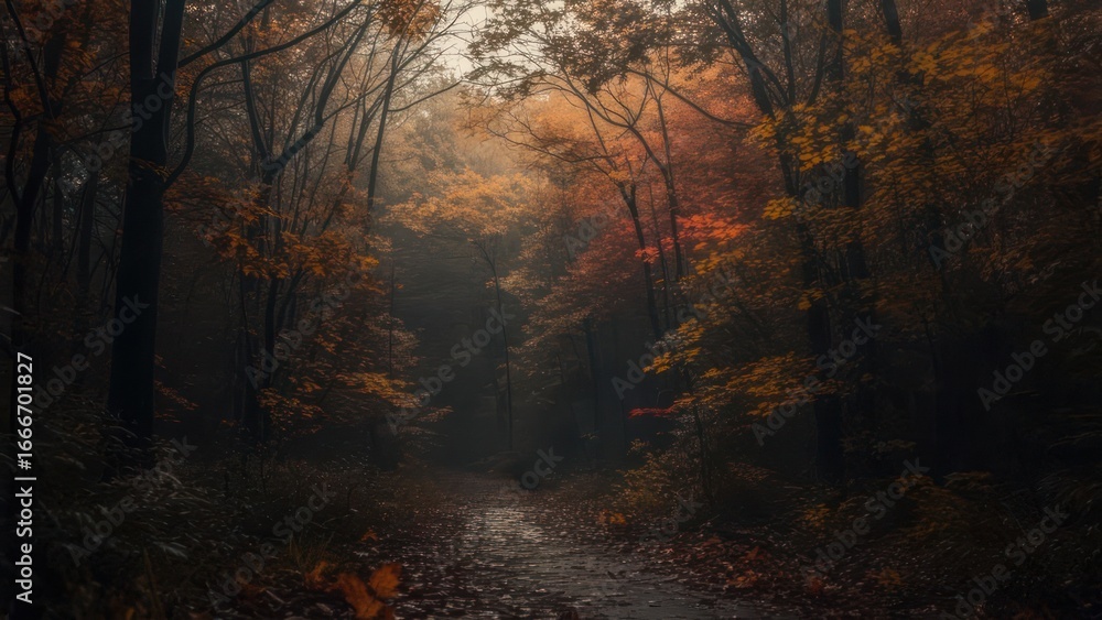 Fototapeta premium Mystical Autumn Forest Path: Atmospheric Landscape with Golden Foliage and Fog.