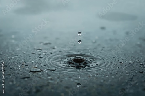 Water droplets hitting the surface, creating splashes and ripples, showcasing the delicate texture of liquid in a soft, blurred setting.