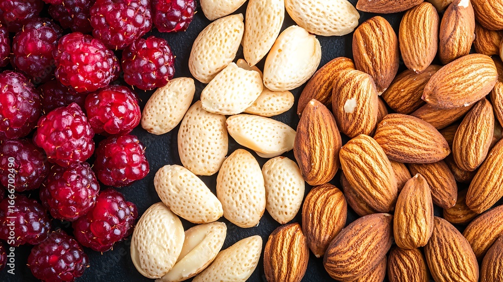 Fototapeta premium Detailed close up of almonds and berries mix, captured with 135mm lens on mirrorless camera, shallow depth of field highlighting textures against soft background