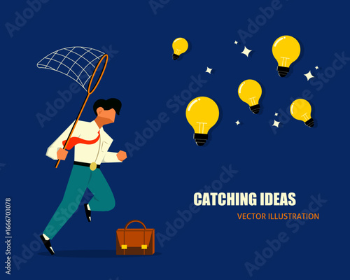 Illustration of a businessman with a net chasing glowing light bulbs, symbolizing catching ideas, creativity, innovation, and opportunities in business and problem-solving.