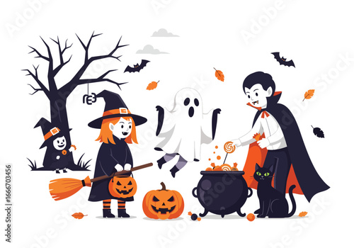 Children in Halloween costumes trick-or-treating with a witch, vampire, ghost, and black cat around a cauldron and pumpkin.