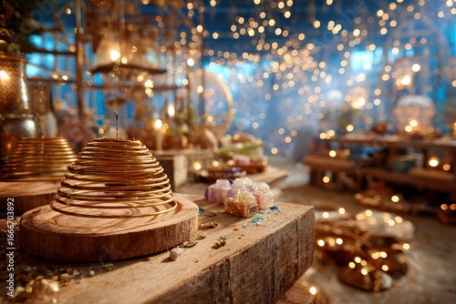 Elegant Golden Decorative Elements Set Against a Softly Lit Background with Warm Bokeh and Charming Atmosphere for Cozy Ambiance and Festive Occasions