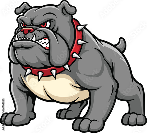 Aggressive cartoon bulldog mascot with red spiked collar, strong muscular body, angry face, isolated vector illustration for sports and branding