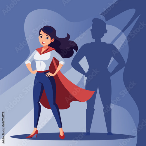 A confident woman in business attire, sporting a superhero cape, stands poised against a backdrop of a large, silhouetted shadow of a superhero.