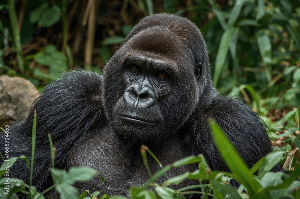 Naklejka premium Close-up of a male gorilla relaxing in the wild environment