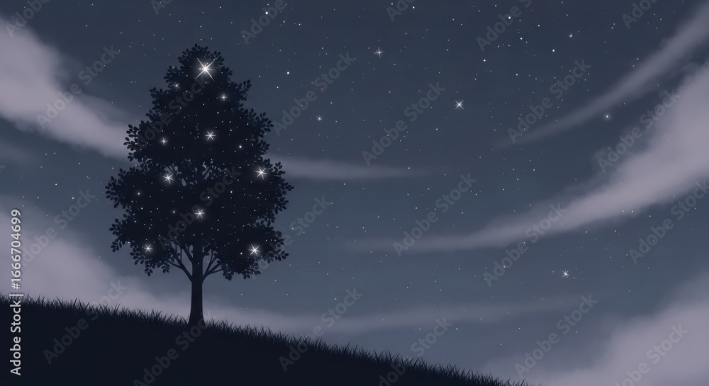 Fototapeta premium Lonely tree under a starry sky digital painting peaceful night