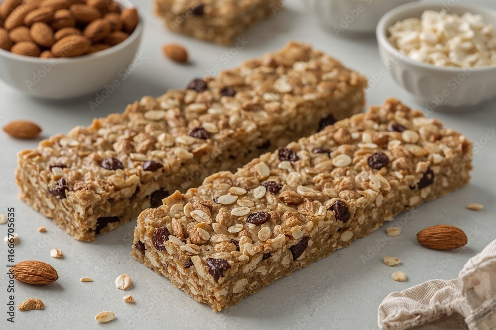 Protein Bars with Almonds, Raisins, and Oats Arranged on a Surface Protein Bars with Almonds, Raisins, and Oats Arranged on a Surface
