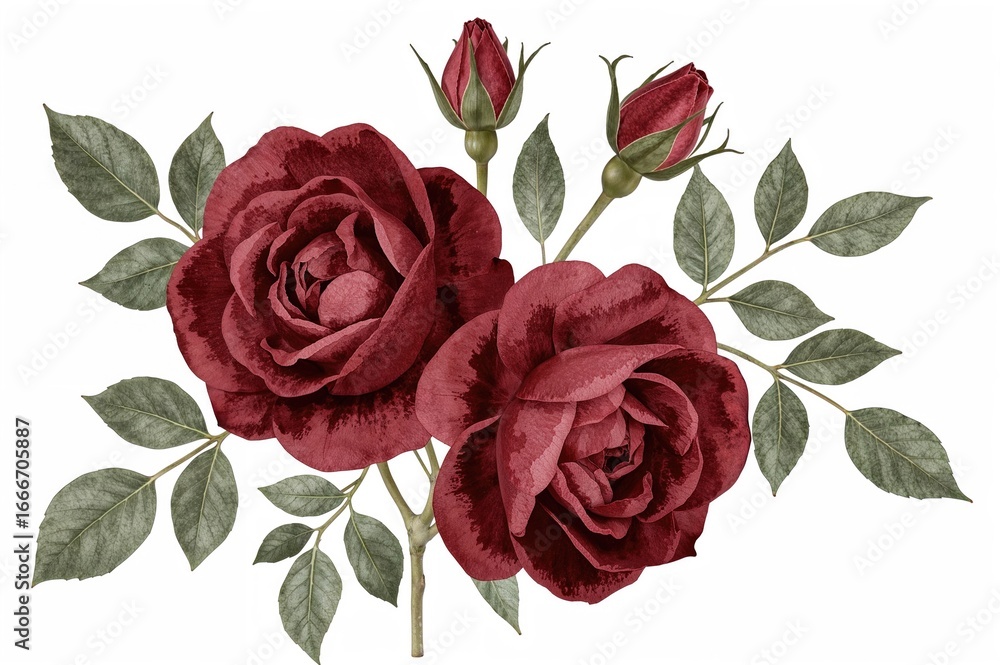 Fototapeta premium Burgundy watercolor blossoms arranged with leaves and buds in a botanical design perfect for wedding invitations or greeting cards.