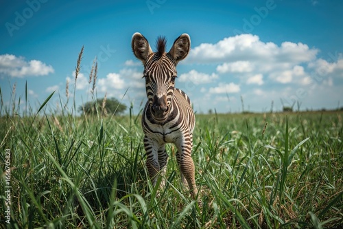 A young zebra strides throu...