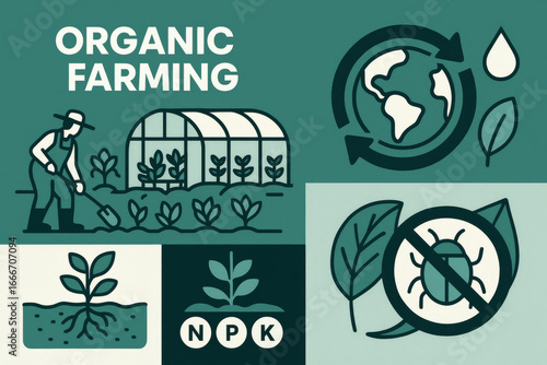 Organic farming illustration featuring farmer tending to plants, greenhouse, and symbols for sustainability, natural pest control, and nutrient rich soil. design emphasizes eco friendly practices