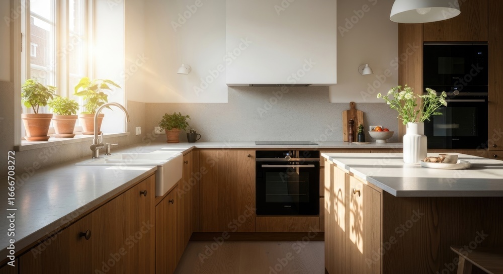Fototapeta premium Bright modern kitchen interior with natural light and wooden accents clean functional design