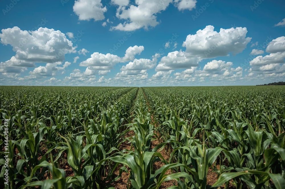 Fototapeta premium Green immature corn growing in a vast agricultural field under a clear blue sky
