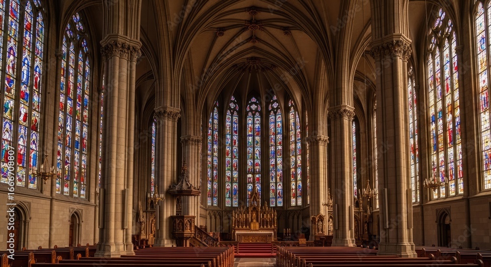 Fototapeta premium Cathedral interior architecture with stained glass windows and vaulted ceilings