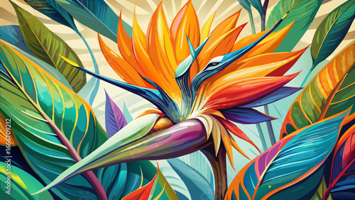 Bird of paradise watercolor vision repeats, petals painted with radiant hues, surreal yet semi-realistic abstraction flows, timeless representation of botanical artistry merging color, shape, and exot