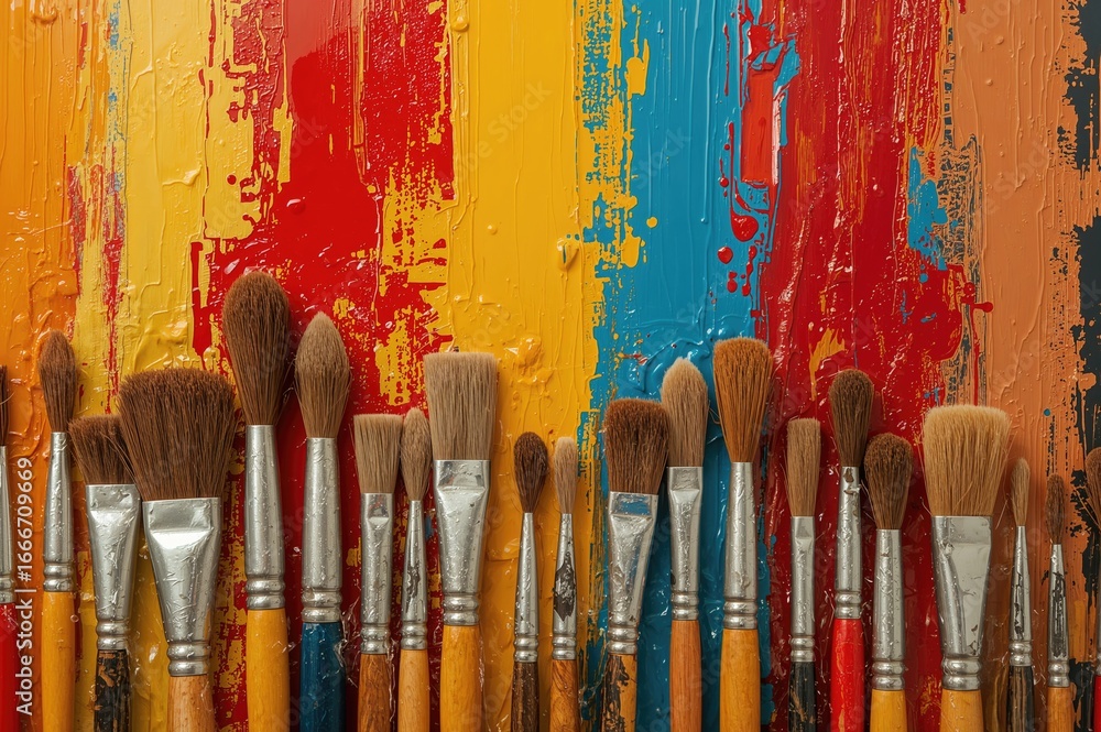Obraz premium Oil paint abstract background featuring bristle brushes in red, yellow, blue, and brown hues.