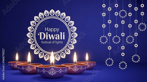 Happy diwali festival of lights with multiple traditional oil lamps and hanging decorations on blue background
