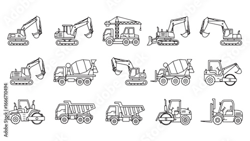 Construction vehicle line icon set. Vector pictograms of bulldozer, loader, grader, paver, roller, lowboy hauler, utility, concrete mixer, thin linear illustration.