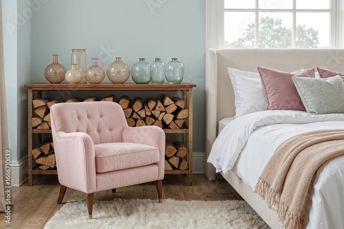 A soft pastel bedroom featu...