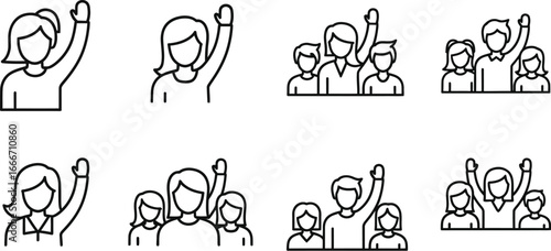 Diverse group of people raising hands in support, voting, or volunteering, showcasing unity and community engagement