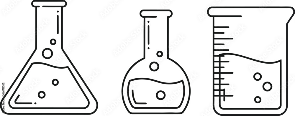 Obraz premium Chemistry laboratory glassware illustration showing flasks and beakers for scientific experiments and research in chemistry and biology