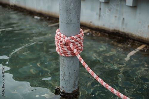 A red and white cord is fas...