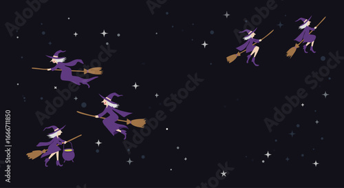 Flying witches on broomstick Halloween night spooky vector illustration 
