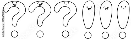 かわいいはてなとびっくりマークのキャラクター表情セット（黒線のみ）