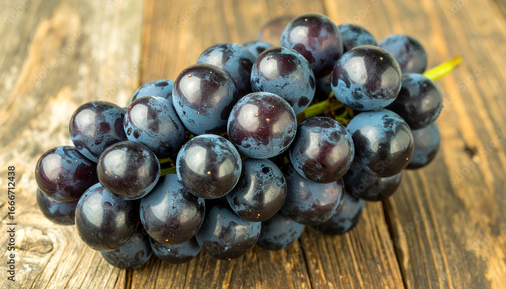 Fototapeta premium Black grapes cluster with glossy highlights resting on rustic wooden surface, showcasing rich dark tones and fresh natural texture in close up view