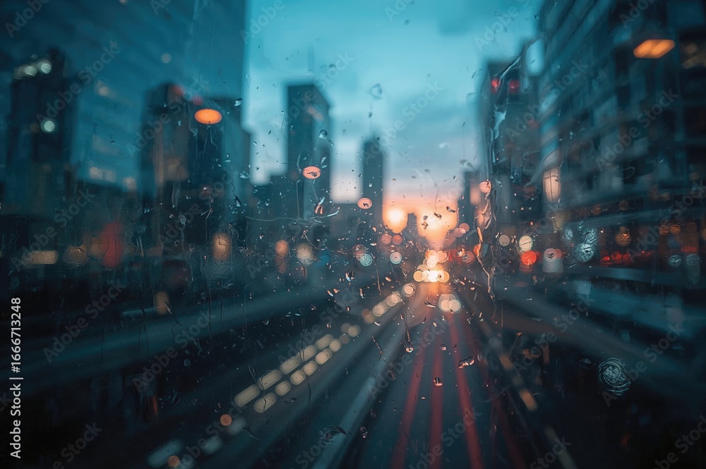 Fototapeta premium Foggy window with abstract street lamps and blurred backdrop