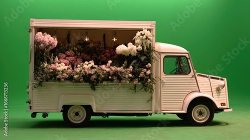 Vintage flower truck on green screen