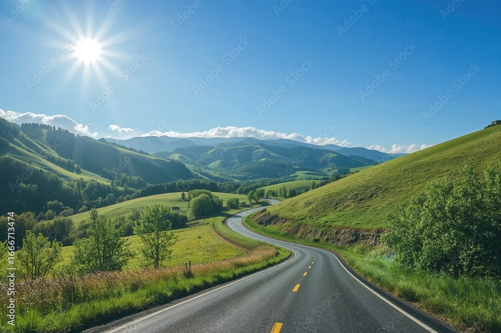 Naklejka premium A rural road under a sunny, cartoon-like sky