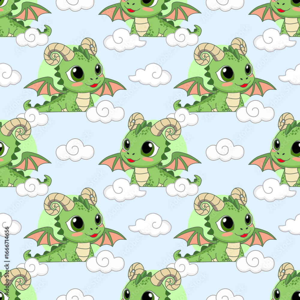 Fototapeta premium Cute Cartoon Green Dragons and Clouds Seamless Pattern