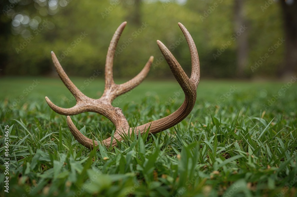 Fototapeta premium A single red deer antler resting on lush green grass in a natural setting
