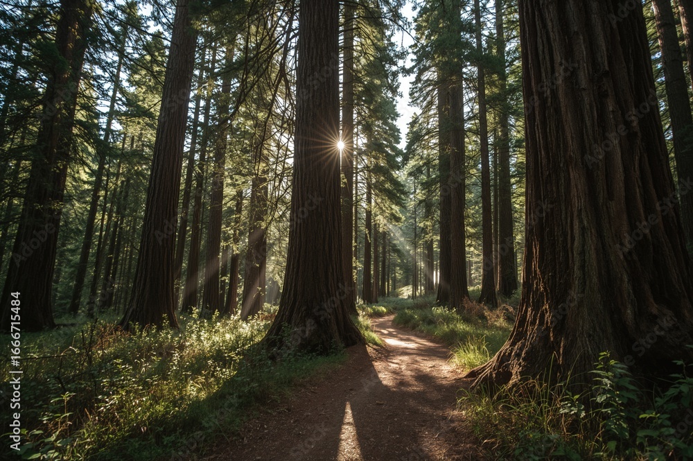 Obraz premium A trail winding through an enchanted verdant woodland with sunlight filtering through the trees.