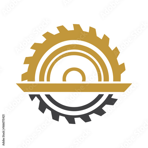 Gold and dark grey gear wheel split by horizontal line graphic mechanical industry