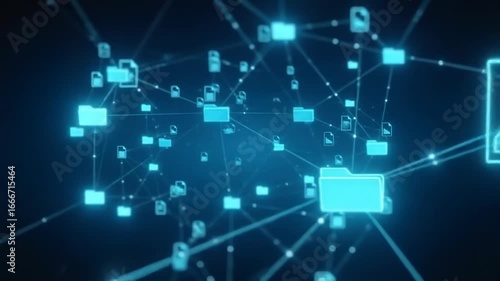 Abstract digital network of glowing file icons interconnected by lines