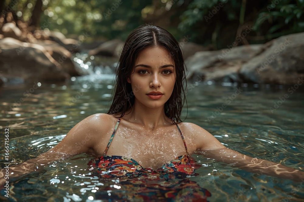 Fototapeta premium A stunning lady wrapped in a sarong enjoying a mountain stream bath