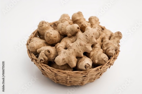 A cluster of brown ginger rhizomes with a coarse surface placed inside a container