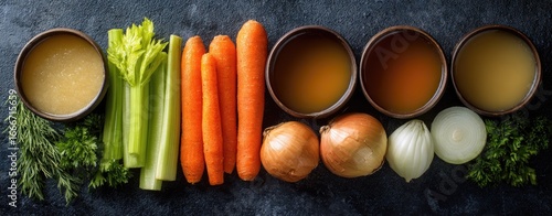 Flat lay of soup ingredients, including broth, celery, carrots, and onions