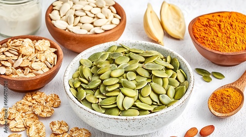 Top view of healthy snack bowl, taken with full frame camera at 35mm lens, sharp clarity on seeds and fruits, clean bright background with natural lighting