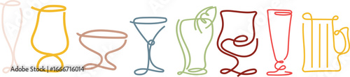 set of line art style icons of various glasses for various alcoholic and non-alcoholic drinks drawn with several colorful lines, for websites, patterns or other designs