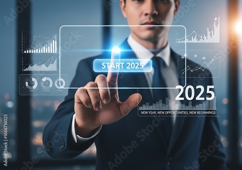 Businessman pressing start 2025 button