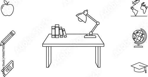 Line art illustration of a desk with books and a lamp surrounded by school icons