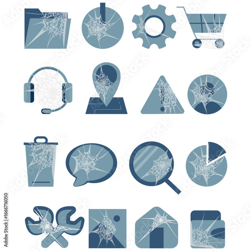 set of standard icons for websites or applications in blue colors covered with cobwebs, showing the obsolescence of icons or designs for the Halloween holiday