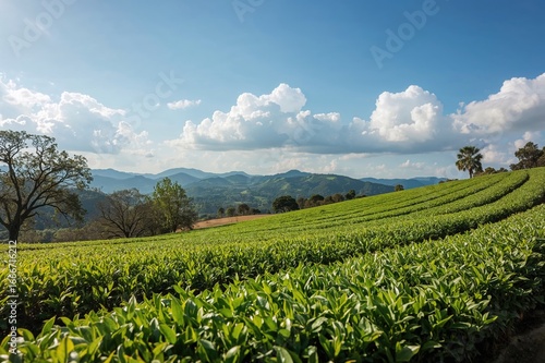 Lush tea plantation under a...